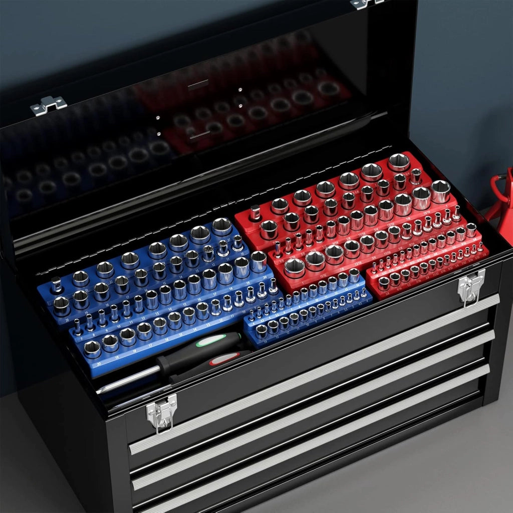 6 Pezzi Set di Supporti Magnetici per Punte delle Chiavi a Bussola, Organizer per Punte con Unità da 2,5/10cm, 7,5/20cm e 2,5/10cm, Rosso SAE e Blu Metrico