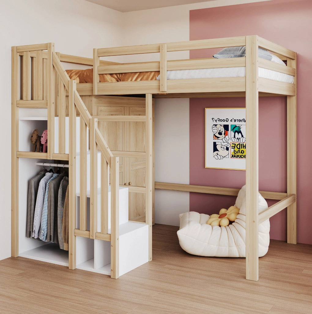 Letto a soppalco 90x200 cm con armadio e scala contenitore colore legno naturale