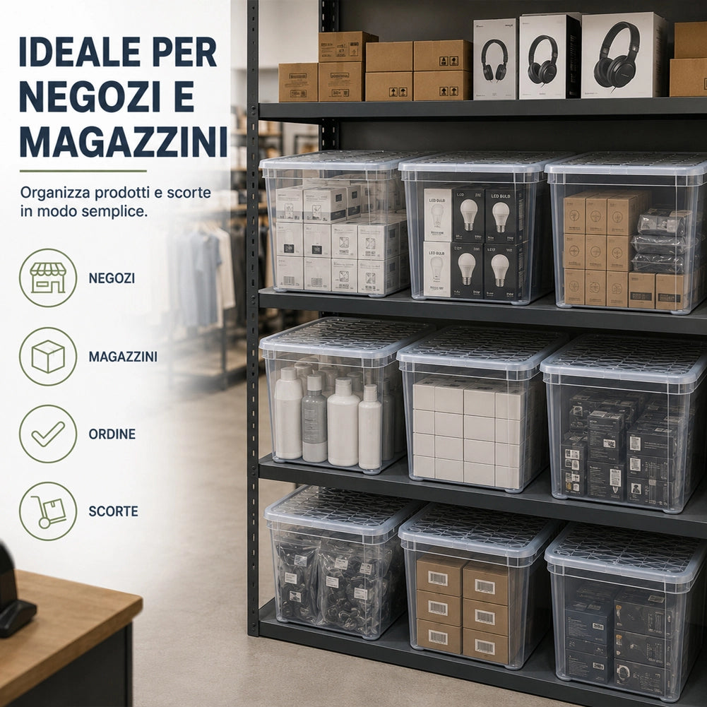 Set 4 Pezzi Contenitori con Coperchio 57x39x36 cm Storage Box Marea Capienza 59L in Plastica Trasparente