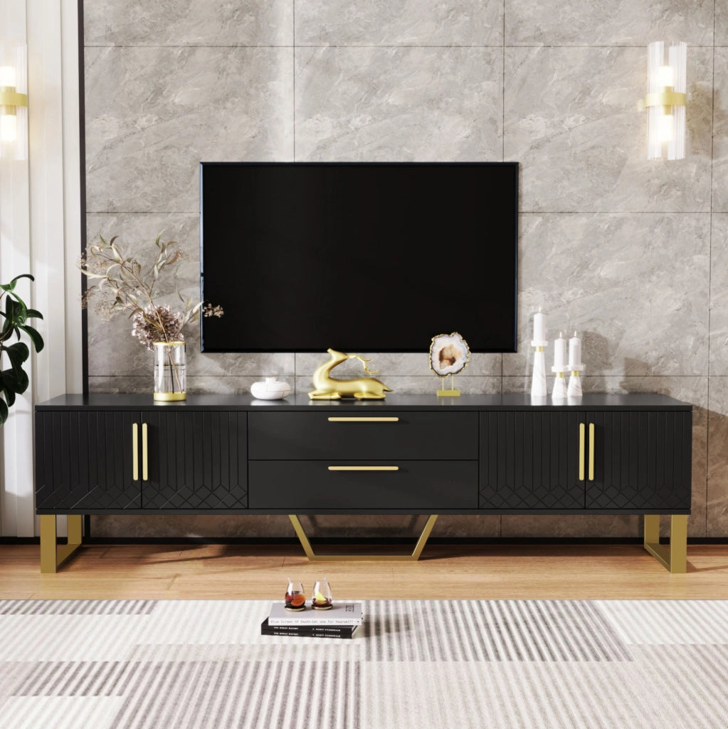 Mobile TV nero lucido 170 cm con 4 ante, 2 cassetti e dettagli oro