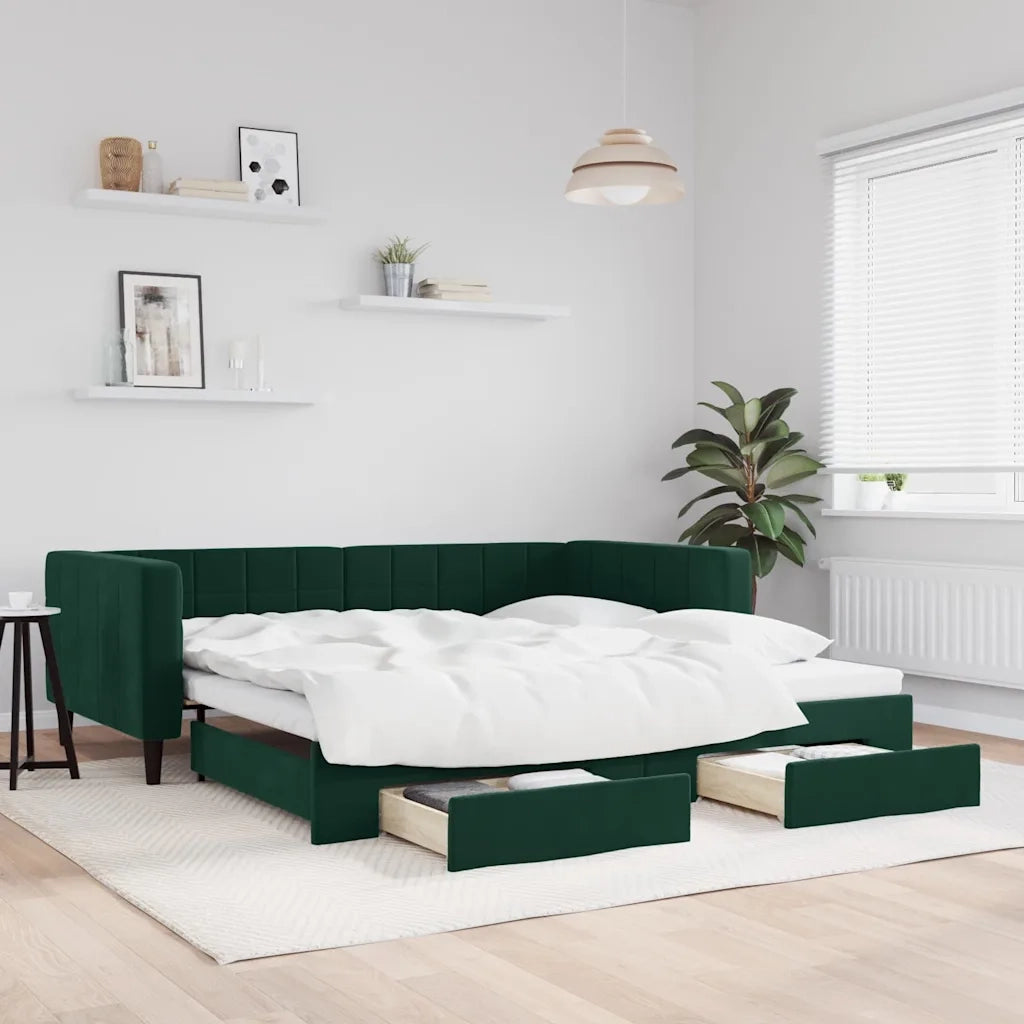 Divano Letto Estraibile Cassetti Verde Scuro 100x200cm Velluto