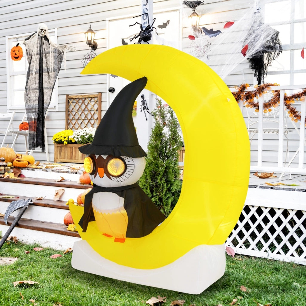 Gufo inflabile su luna da 130x155cm con led grande luna e gufo mago, Decorazione di halloween illuminata-Halloween