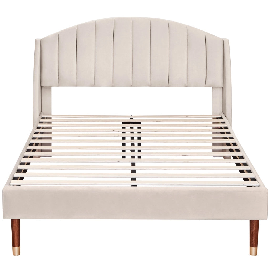 Letto imbottito 140x200 cm; testiera alta; struttura stabile; velluto beige