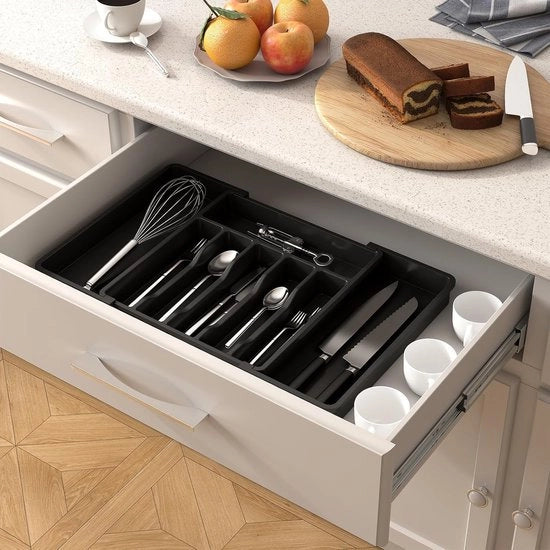 Cassa da tavola espandibile - con 8 compartimenti - Scatola di stoccaggio regolabile per cucchiai, forchette e coltelli - Plastica BPA libera e eco amichevole (nero)