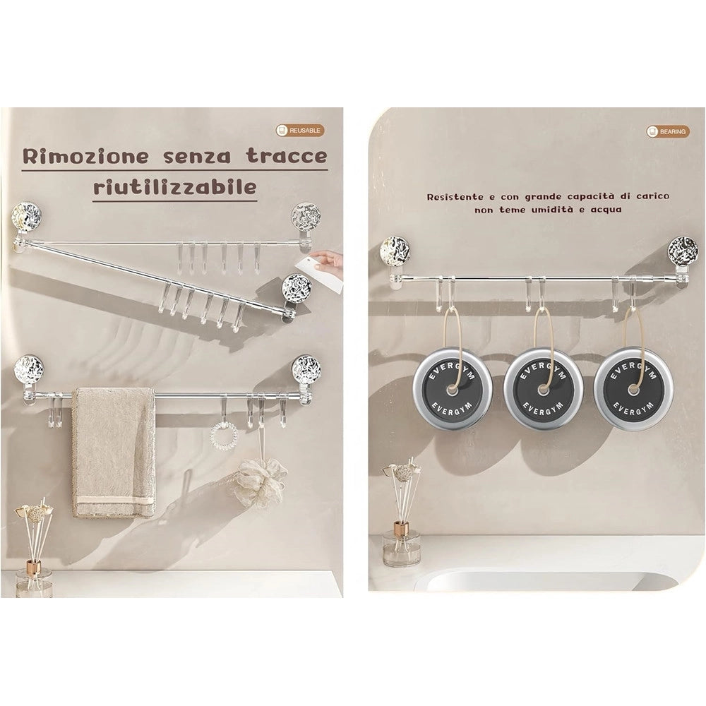 Trade Shop - Bastone Telescopico Regolabile 76-135cm A Ventosa Da Parete Con Ganci Rotazione A 180° -