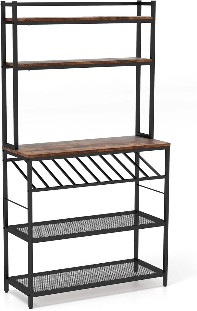 Scaffale portaoggetti industriale a 6 livelli, mobile da cucina con porta bottiglia di vino, dispositivo anti-ribaltamento, supporto per microonde per soggiorno, cucina, sala da pranzo