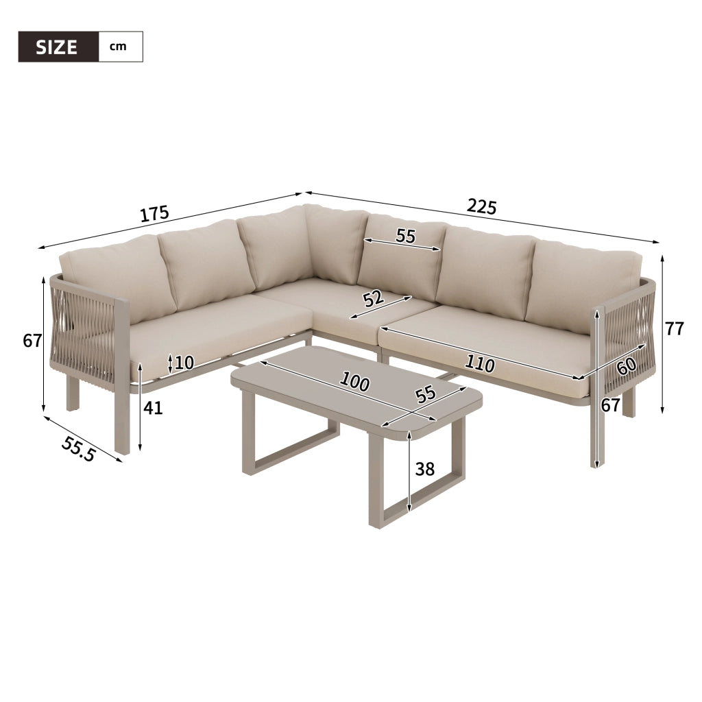 Set Mobili da Giardino 6 Posti con Tavolo, Divano e Sedie ¨C MINIMAL ¨C Acciaio, Vetro, Textilene, Beige