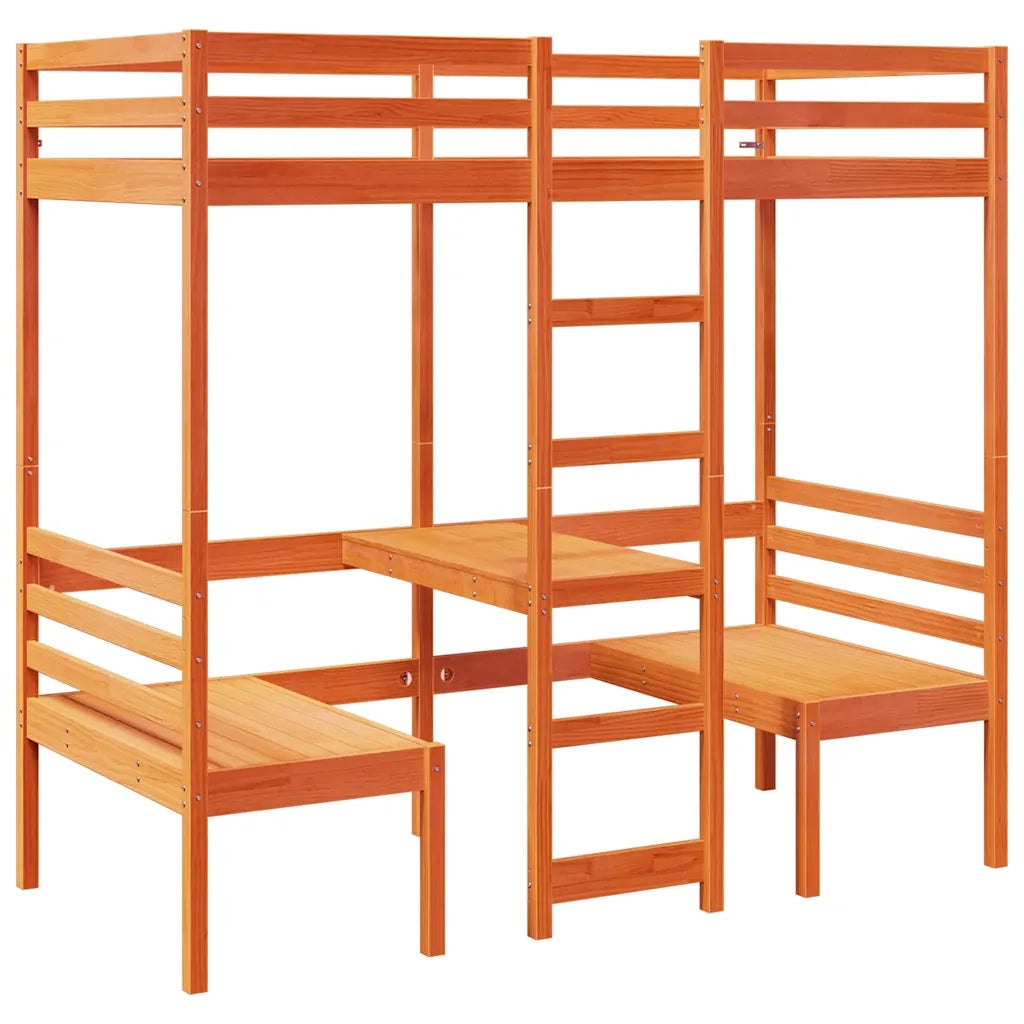 Giroletto Soppalco Scrivania e Sedie-Struttura Letto Marrone Cera 80x200cm Pino
