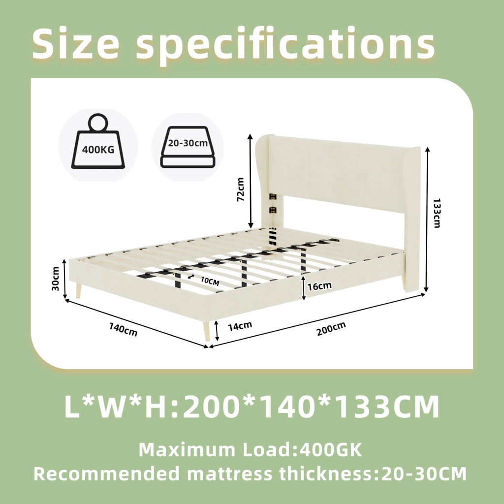 Letto matrimoniale imbottito con testiera beige 140 x 200 cm in tessuto