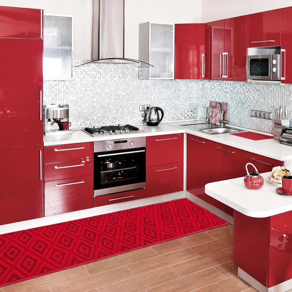 Tappeto Casa Cucina Rombi 3D 50X190 Cm Bordato Moderno Assorbente Antiscivolo Bordeaux