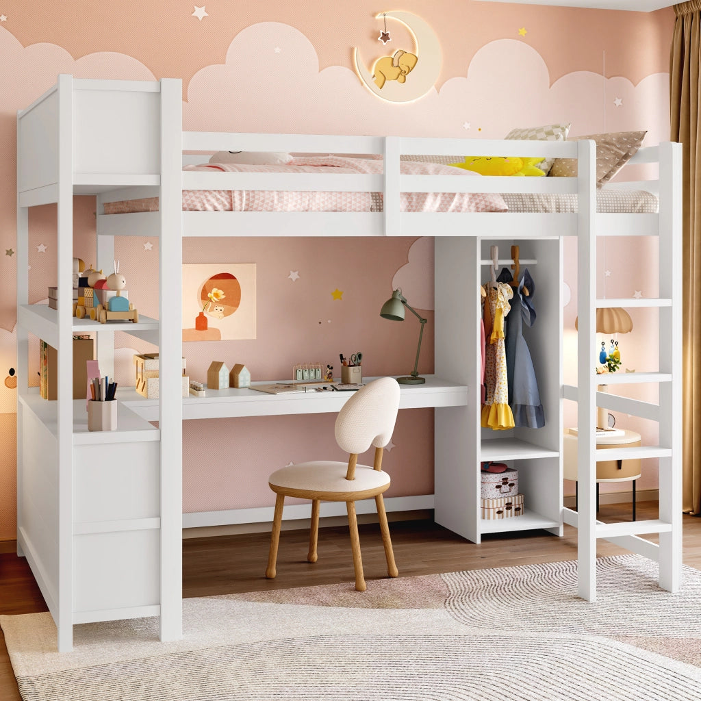 OKWISH Letto a soppalco 140×200 cm, Letto Matrimoniale con Scrivania, Armadio e Scaffali Contenitore, senza Materasso, in Pino, Bianco