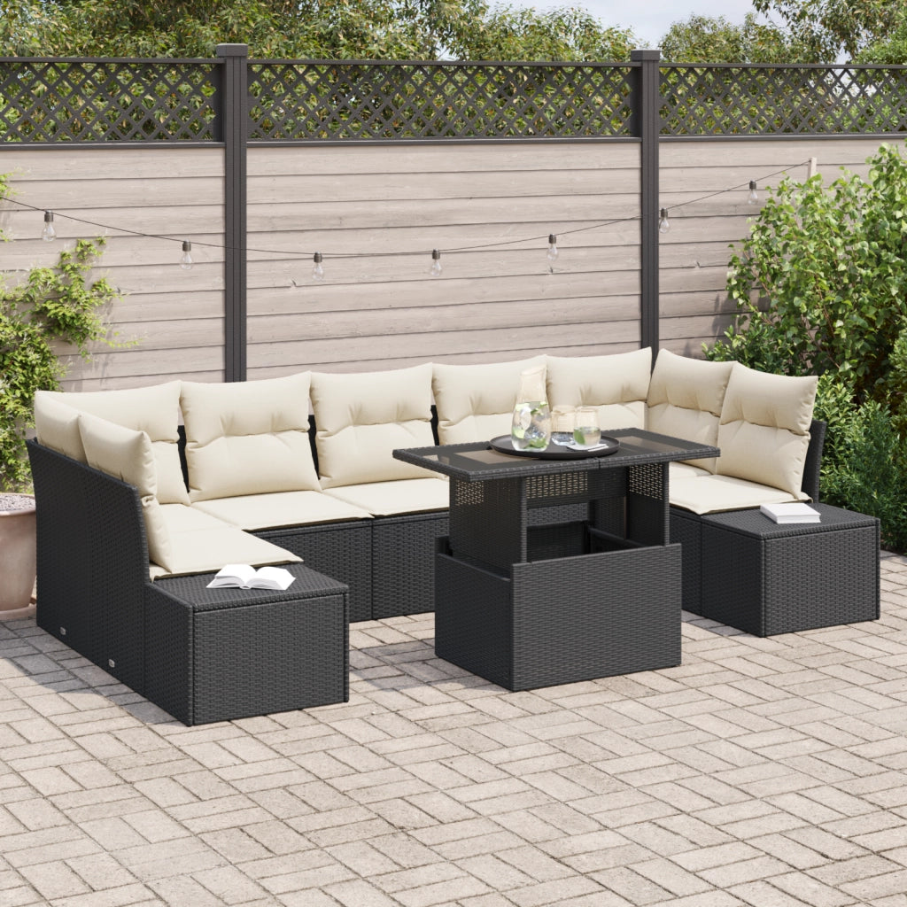Set di divani da giardino 8 pezzi con cuscini in polirattan nero
