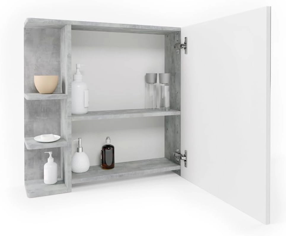 Specchio contenitore bagno Fynn, Calcestruzzo, 79.6 x 64 cm, con specchio e ripiani aperti per montaggio a parete