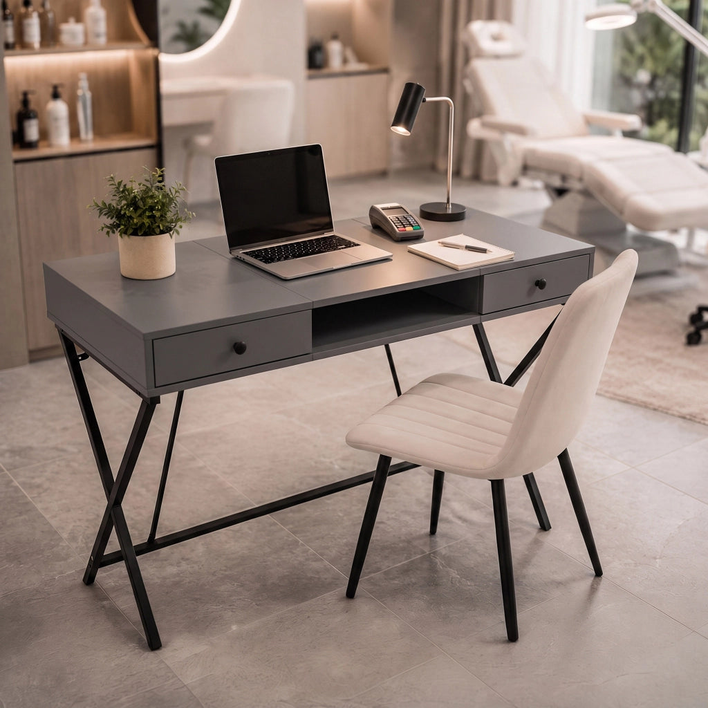 Scrivania PC industriale Grafite CROSSLINE 120 cm 2 cassetti 1 ripiano gambe nere