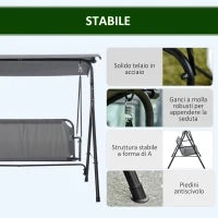 Dondolo 3 Posti con Tettuccio Inclinabile e Cuscini, in Acciaio e Poliestere, 172x110x153 cm, Grigio