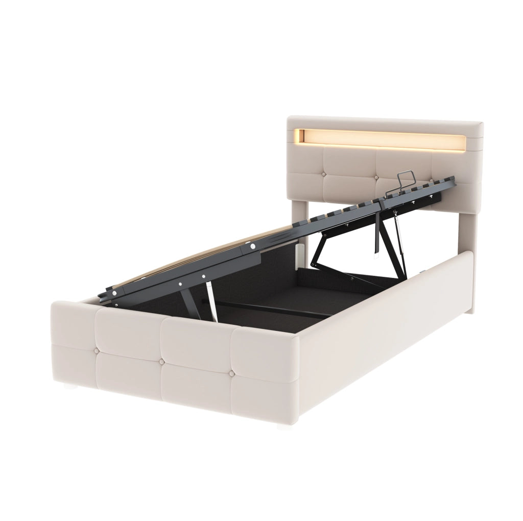 Letto imbottito 90x200 cm; con luci LED; velluto beige (Senza materasso)