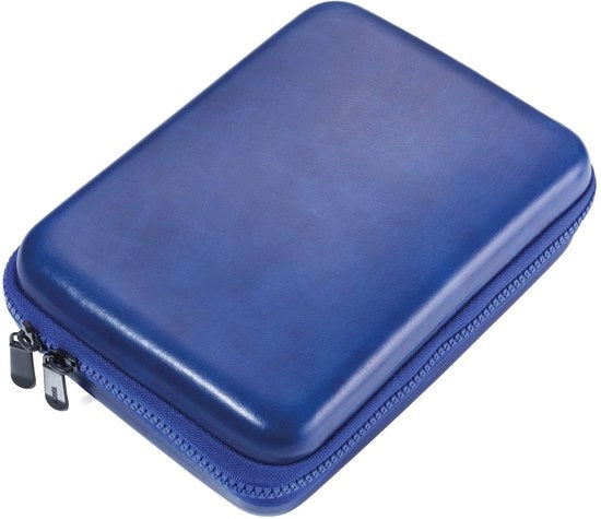 Organizzatore Troika con cerniera, 3 contenitori interni, 6 anelli elastici, parete divisoria (internamente), imitazione legno, velluto, blu/nero