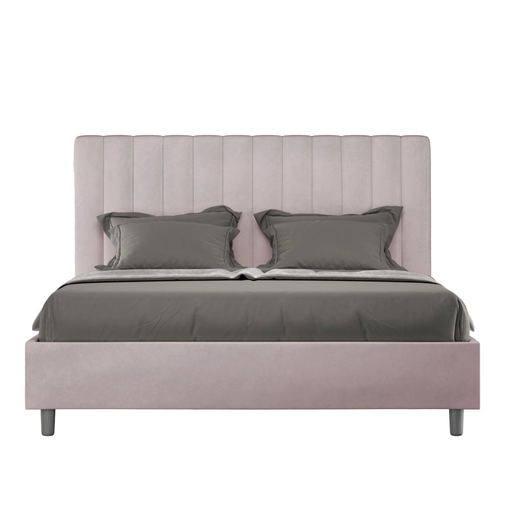 BS COM Letto matrimoniale francese con rete imbottito 140x190 microfibra glicine