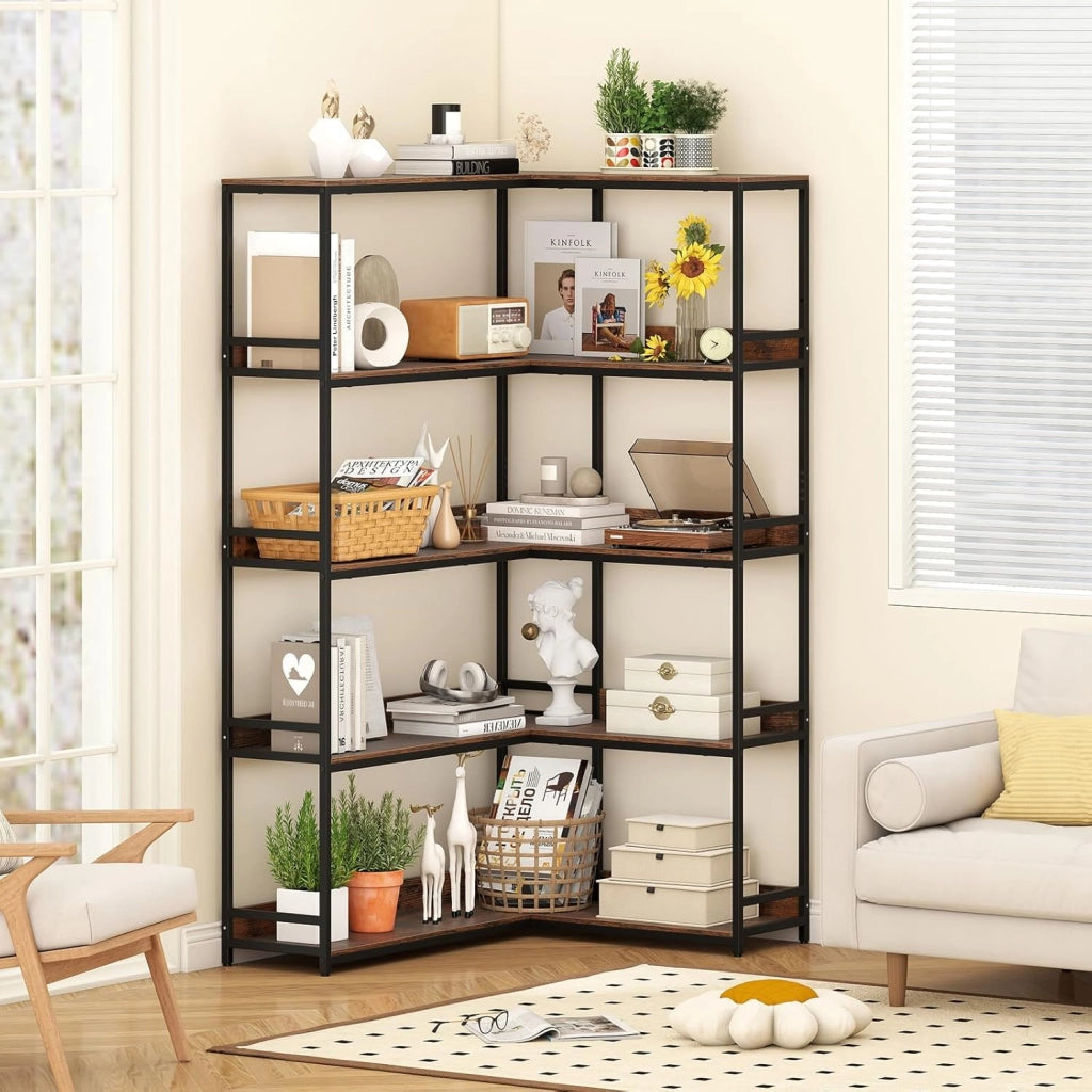 Libreria ad Angolo 180 cm, Libreria a 5 Ripiani a Forma di L con Struttura in Metallo, Scaffale Espositivo Aperto Industriale per Soggiorno Studio Ufficio e Casa, 110 x 89 x 180 cm