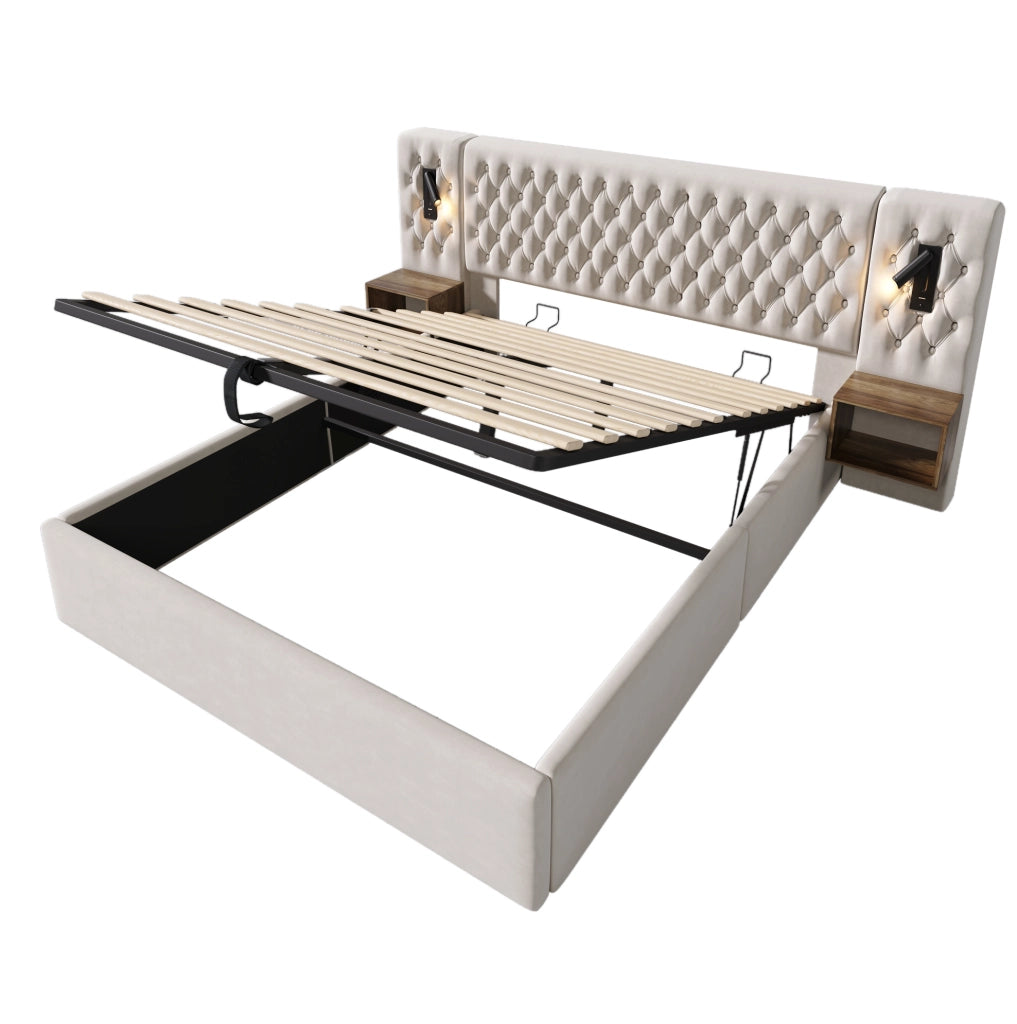 Letto matrimoniale 160x200 cm in velluto beige con contenitore; luci lettura e USB