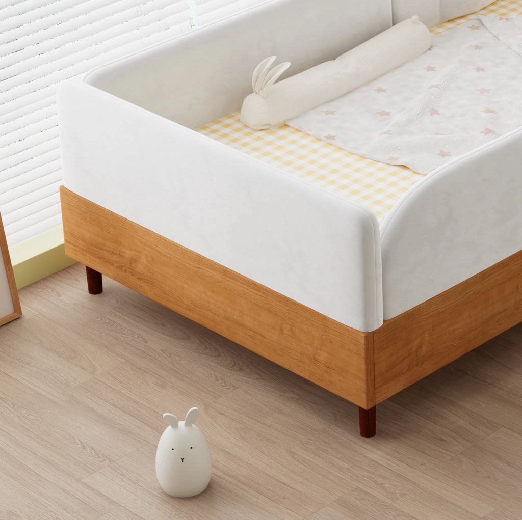 Letto imbottito singolo in velluto e legno con tasche portaoggetti, 90x200 cm