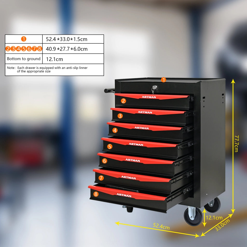 Mobile contenitore con 7 cassetti e serratura con guide a sfere; per garage e officina; in acciaio; nero rosso