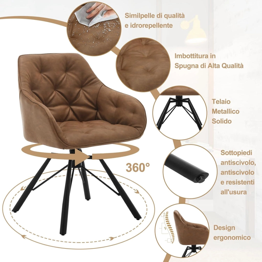 Set di 8 Sedie per Sala da Pranzo Girevoli a 360°, Sedie da Cucina Imbottite con Gambe in Metallo, Poltroncine in PU per Camera da Letto, Soggiorno, Ufficio, Marrone chiaro EZS61hbr-8
