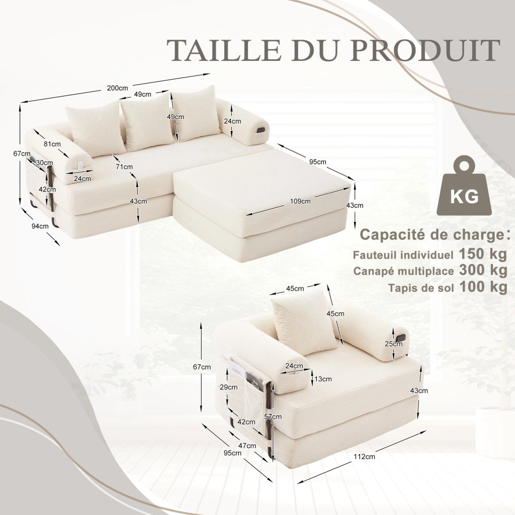 Divano modulare in velluto a coste beige con struttura in metallo e tasca laterale