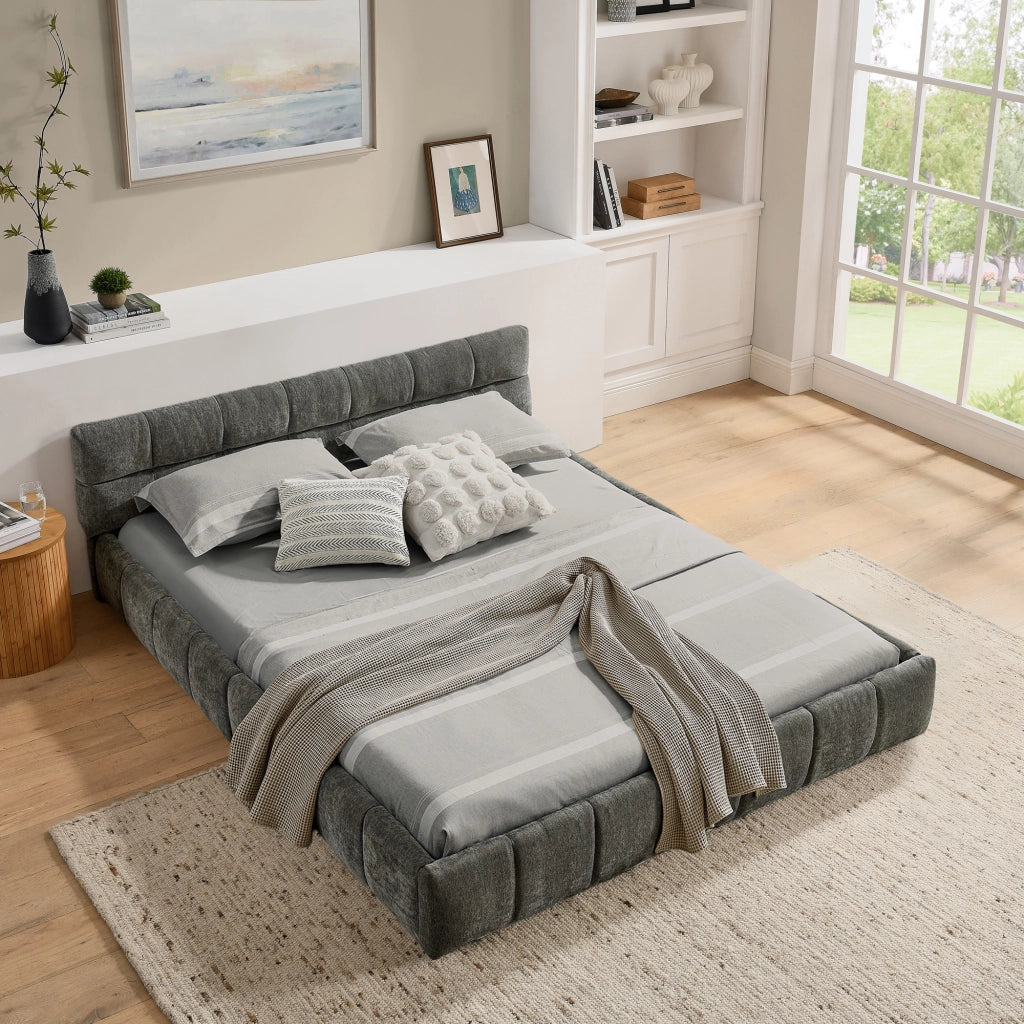 Letto matrimoniale 140x200 cm in chenille Dark Gray con struttura in eucalipto e ferro