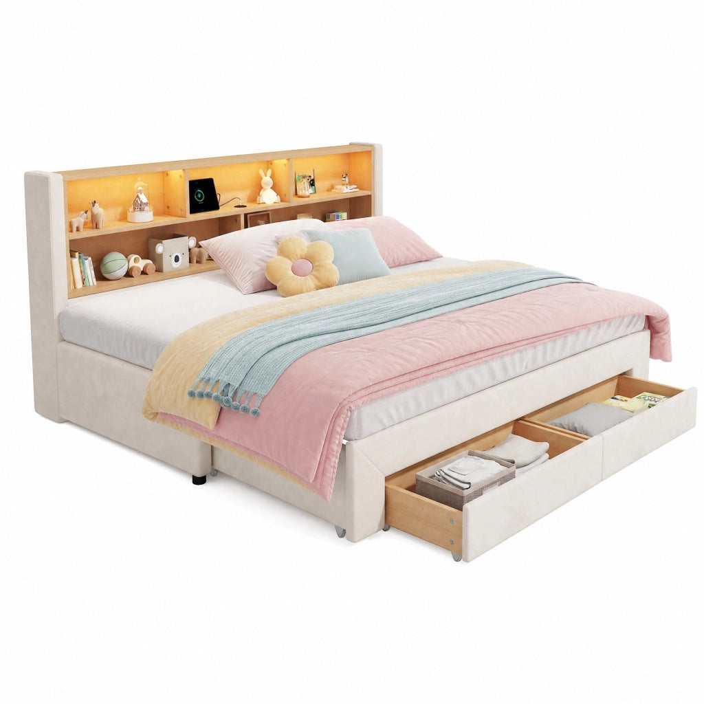 Letto daybed estraibile con cassetti, porte USB e LED, in velluto beige, 90x200 cm, con rete a doghe