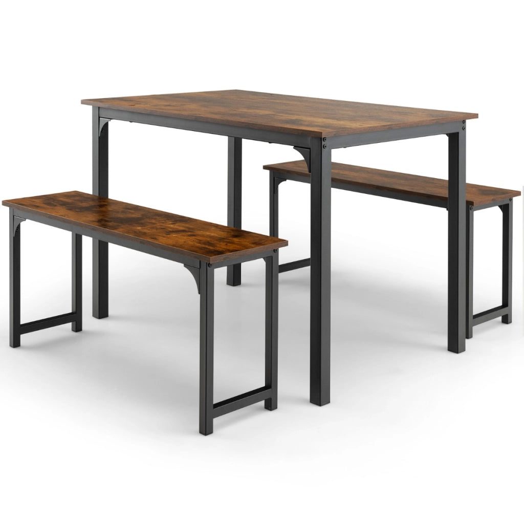 Set di tavolo e 2 panche da cucina con struttura in metallo antiruggine, Set tavolo e sedie da pranzo Marrone-Tavoli e sedie da pranzo