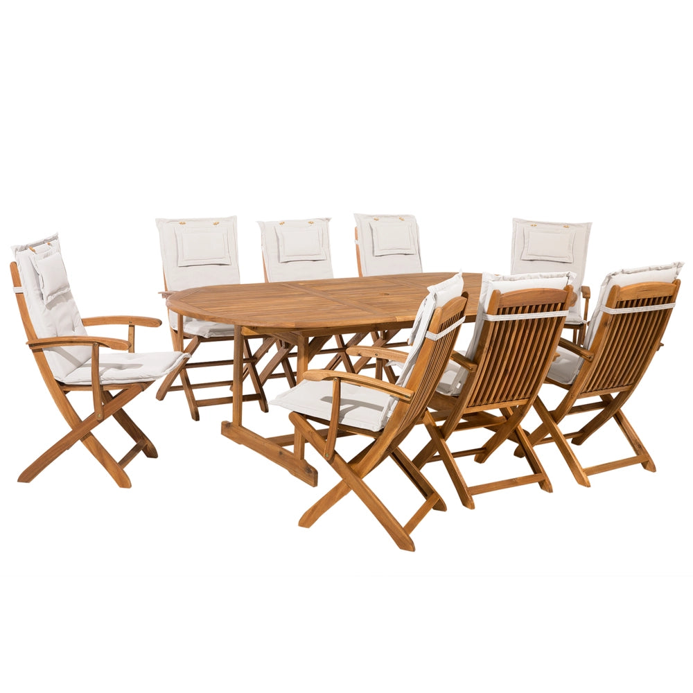 Set da pranzo per esterni in legno di acacia chiaro con cuscini bianco sporco tavolo a 8 posti sedie pieghevoli design rustico
