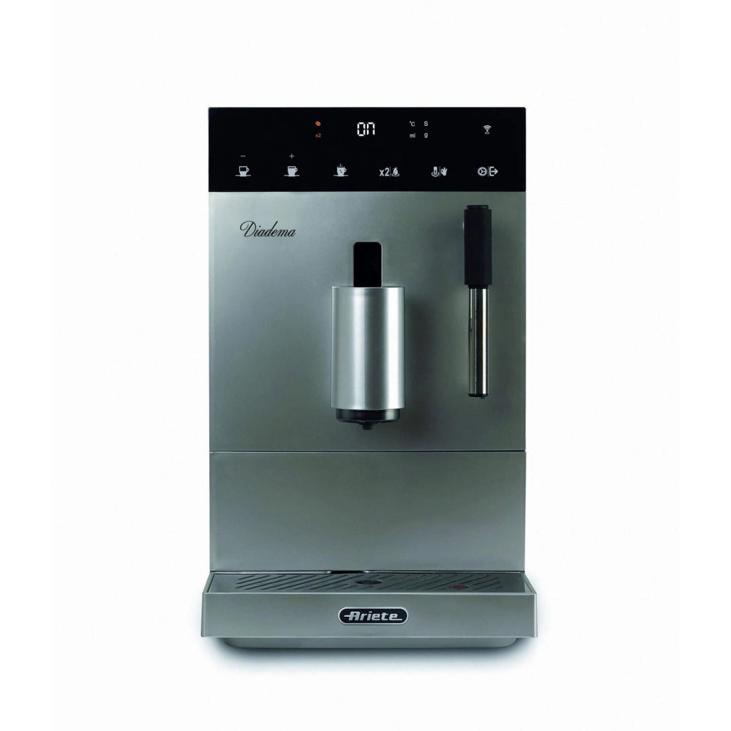 Ariete 1452 Diadema, Macchina da caffè automatica, 1350W, 19 bar di pressione, Per caffè, americano e acqua calda, Dispositivo Cappuccino, Display LED, Erogatore Regolabile, Silver