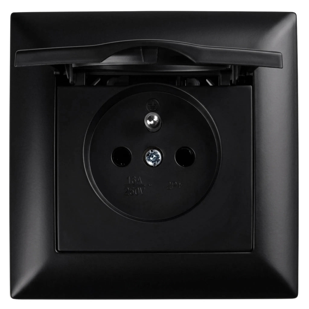Presa Singola Con Messa A Terra E Coperchio Con Cornice Oste Jnh005-g Black