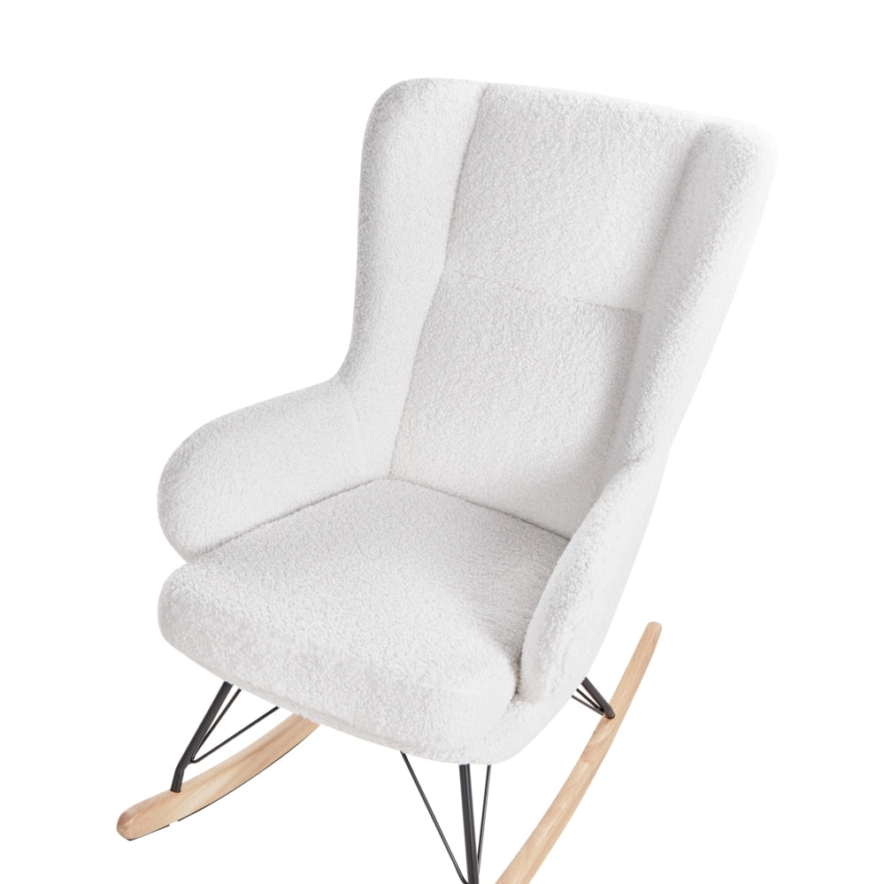 Sedia a dondolo Rivestimento in bouclé bianco sporco Gambe nere in metallo con braccioli Schienale alto Soggiorno