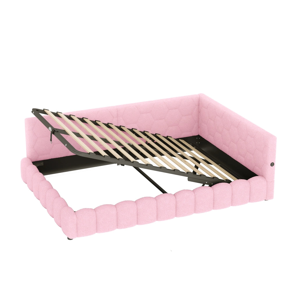 Letti contenitori 140x200 cm con vano contenitore idraulico; LED USB e Type C; velluto rosa (Senza materasso)