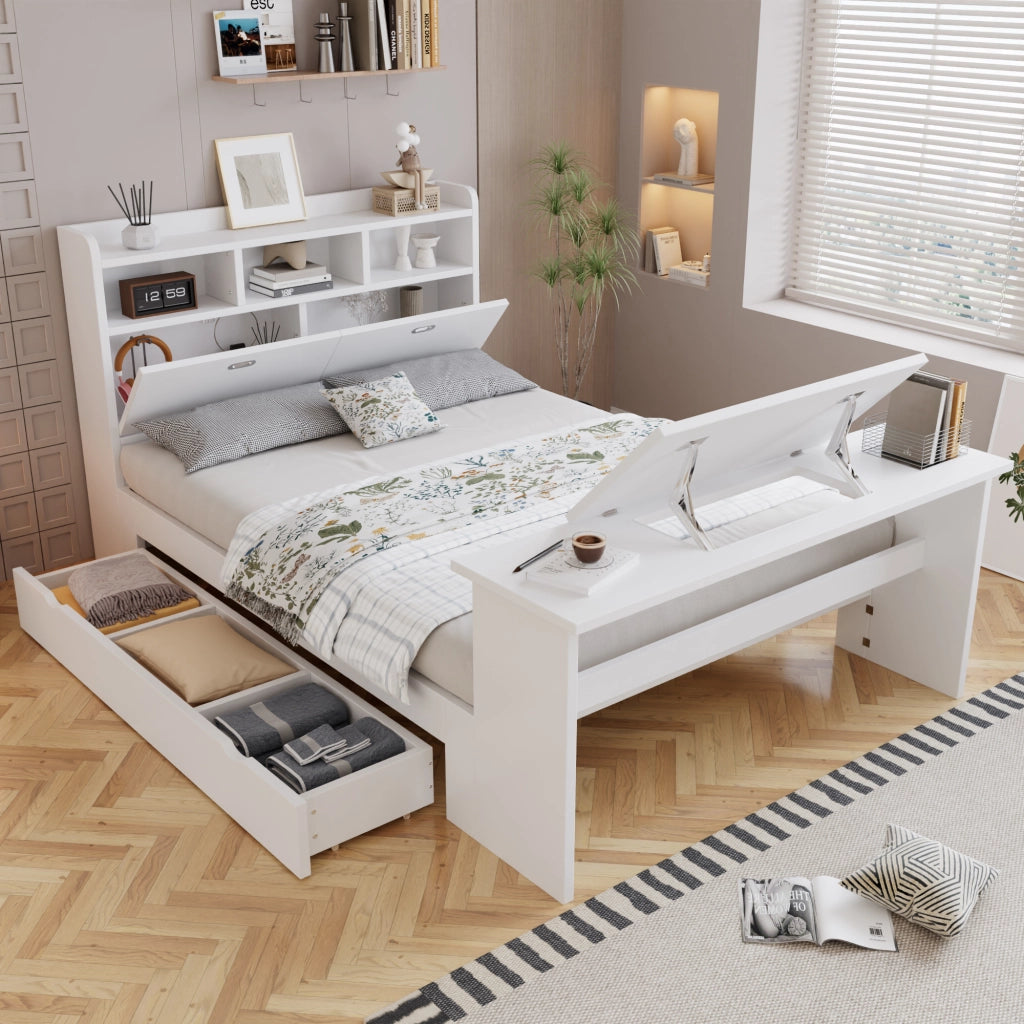 Letto con Cassetti 140 x 200 cm; Letto Matrimoniale - Tavolo Pieghevole e Mensole - Bianco