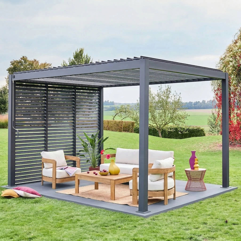 Pergola bioclimatica 3x4 in alluminio + 3 tende da 1m, antracite