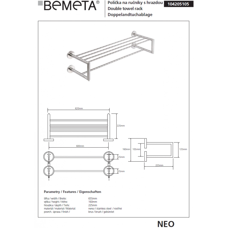 Portasciugamani con doppio trapezio NEO 65x15,5x22,5 cm
