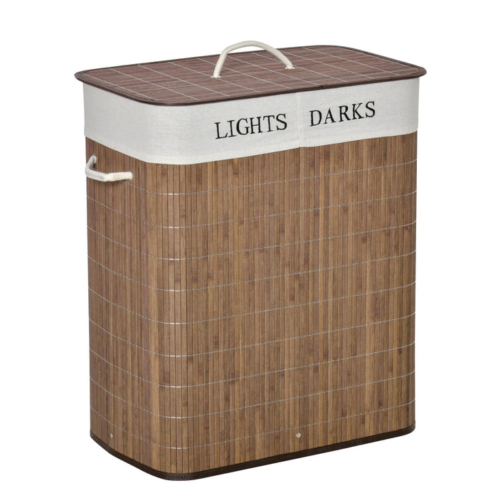 Cesto per Biancheria 2 Scomparti 52x32x63 cm con Coperchio e Maniglie Marrone