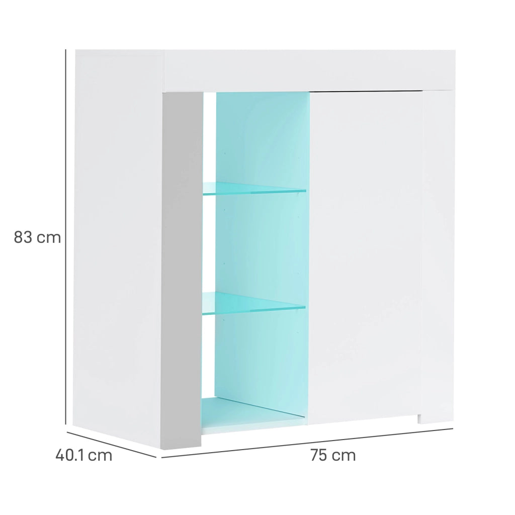 Mobile Contenitore a LED con 3 Ripiani Aperti e Armadietto a 2 Livelli, in Legno e Vetro, 75x40.1x83 cm, Bianco
