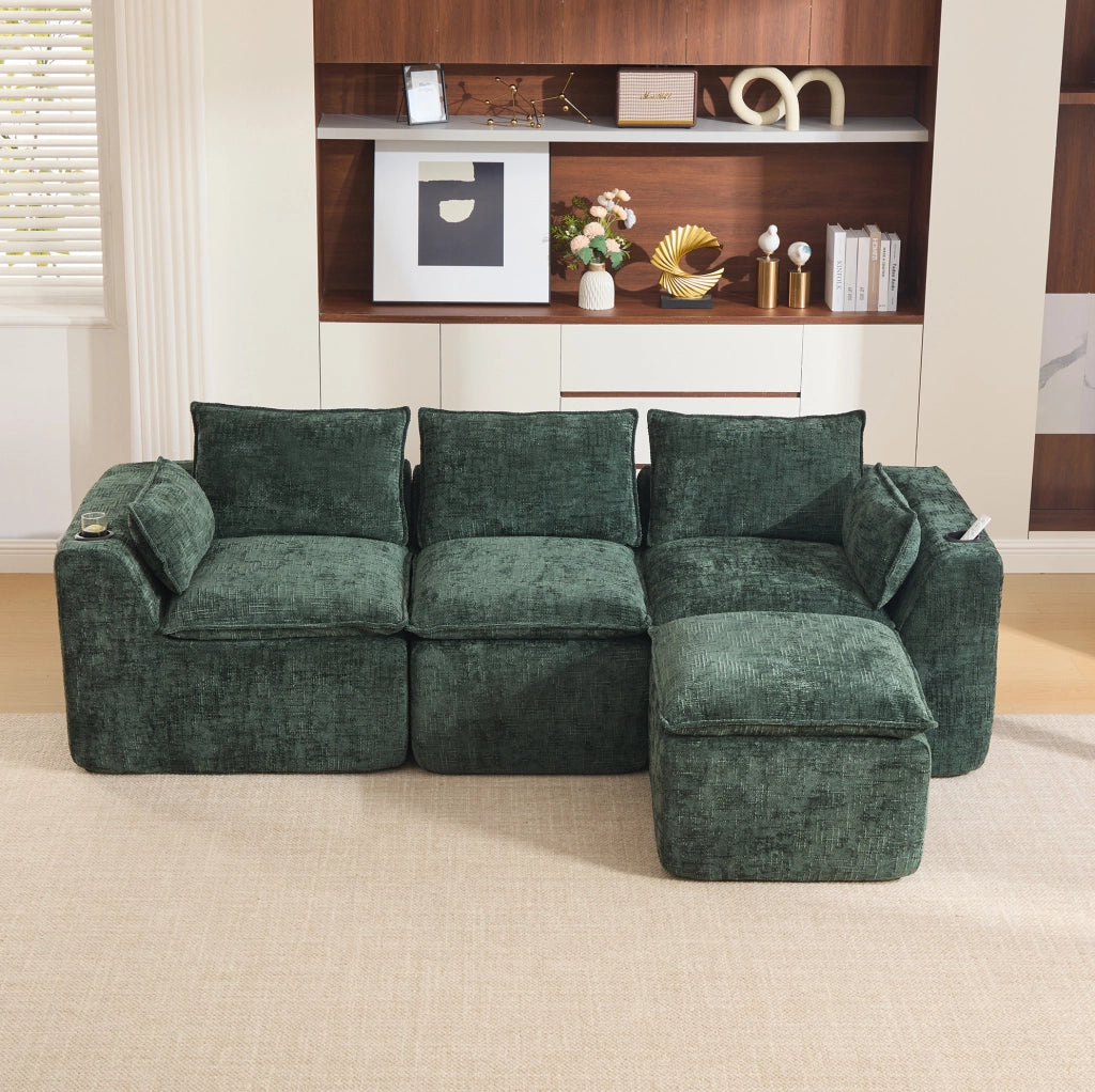 Divano modulare 3 posti con pouf; tasche laterali e cuscini; in chenille verde; 256x161x75 cm