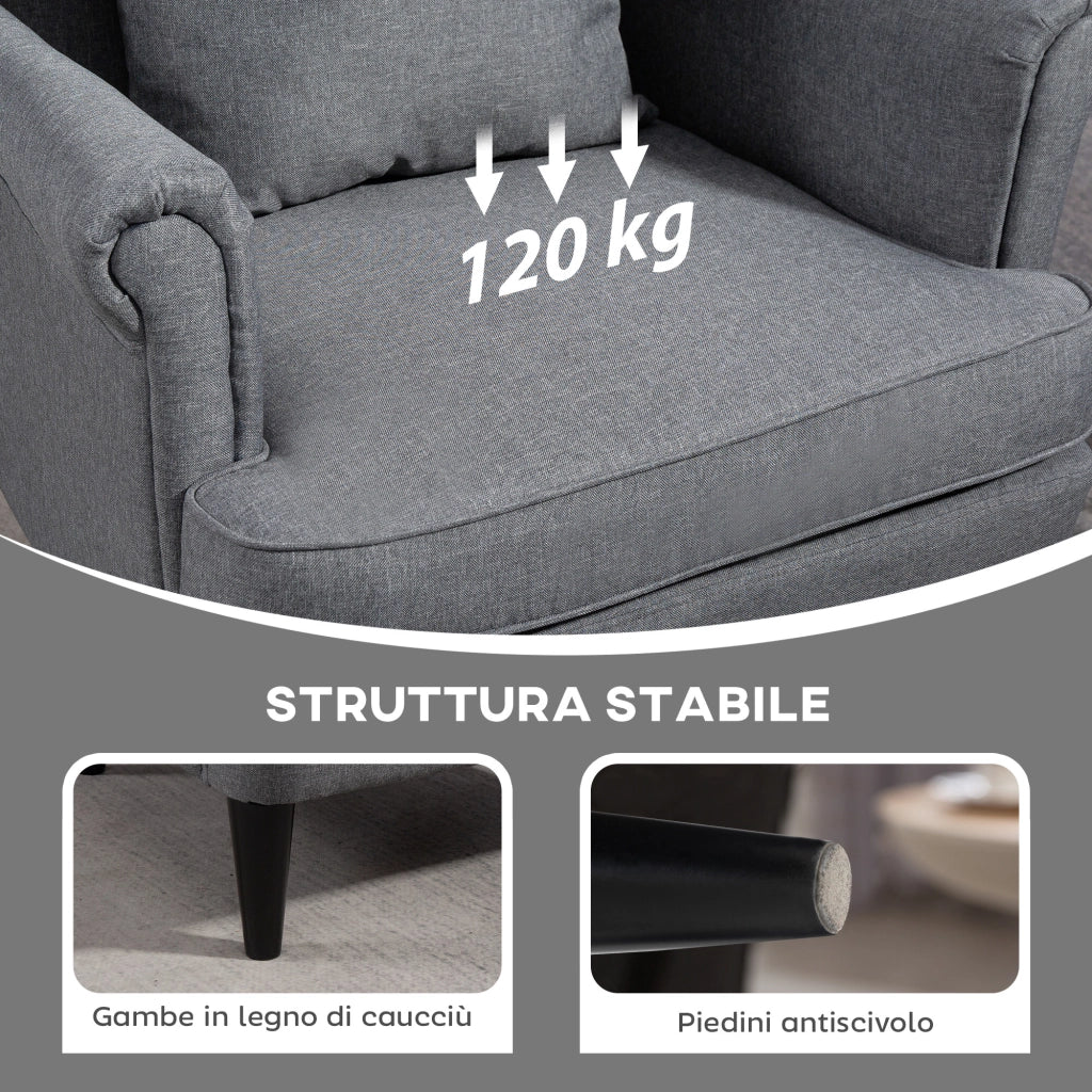 Poltrona da Salotto 75x83x104 cm con Pouf Poggiapiedi in Tessuto Grigio
