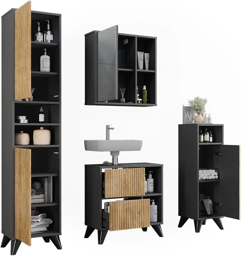 Set di mobili da bagno Leano, Antracite/quercia di montagna, 60 cm, composto da mobile lavabo, pensile a specchio, colonna e base media