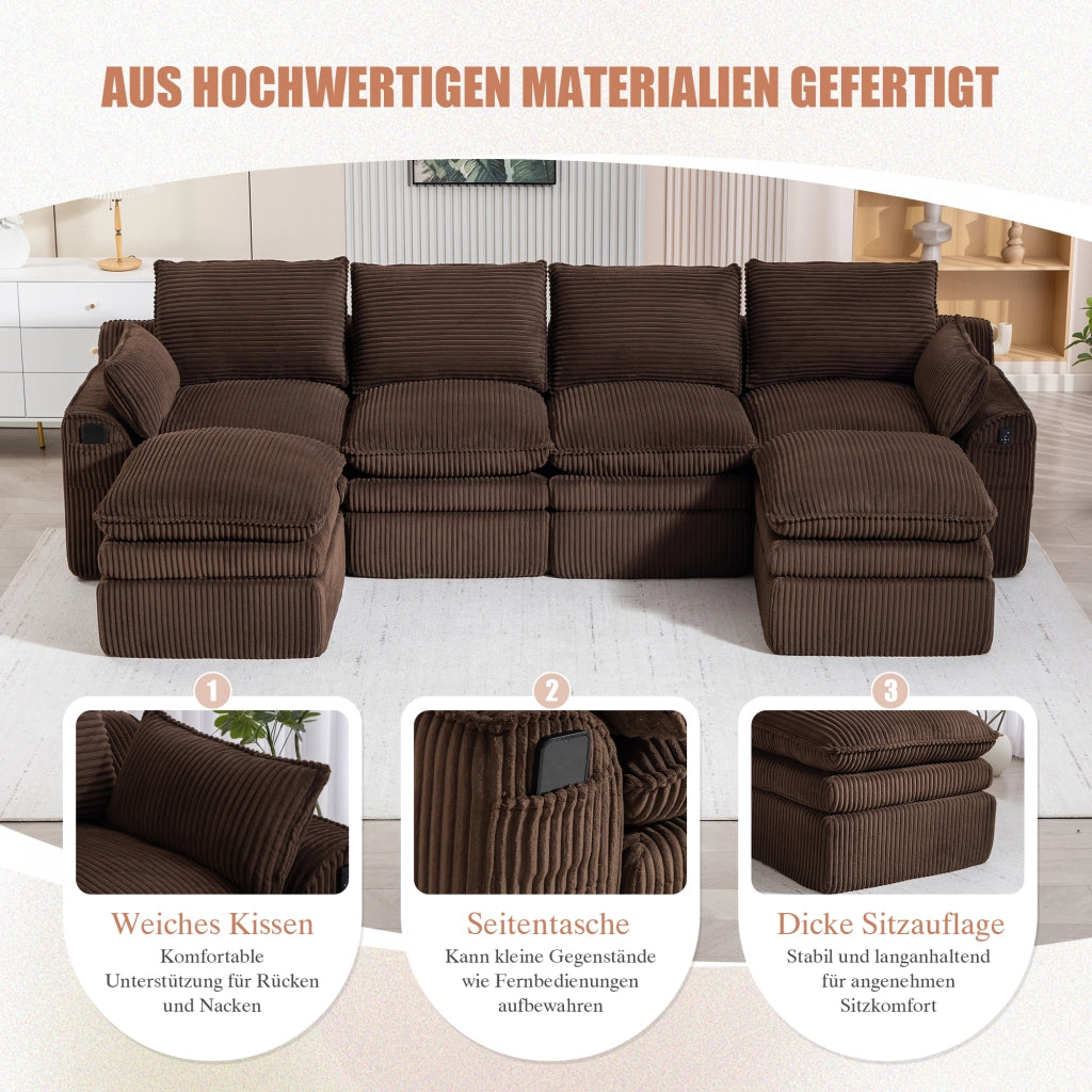 Divano modulare 4 posti in tessuto a coste con cuscini e tasche laterali e comfort a molle marrone 335 × 167 × 85 cm