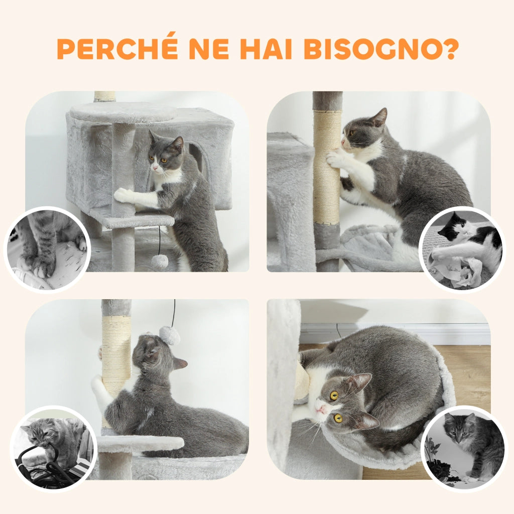 Albero Tiragraffi per Gatti Alto 140 cm con 2 Casette Amaca Lettino e Pali in Sisal Grigio