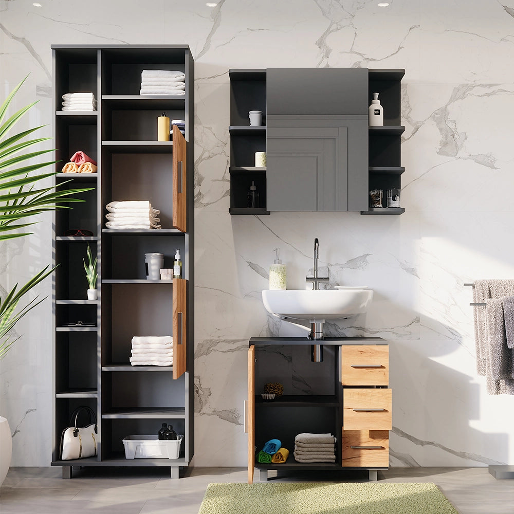Vicco Set di mobili da bagno Antracite/quercia dorata 3 parti, con mobile da bagno 190 cm