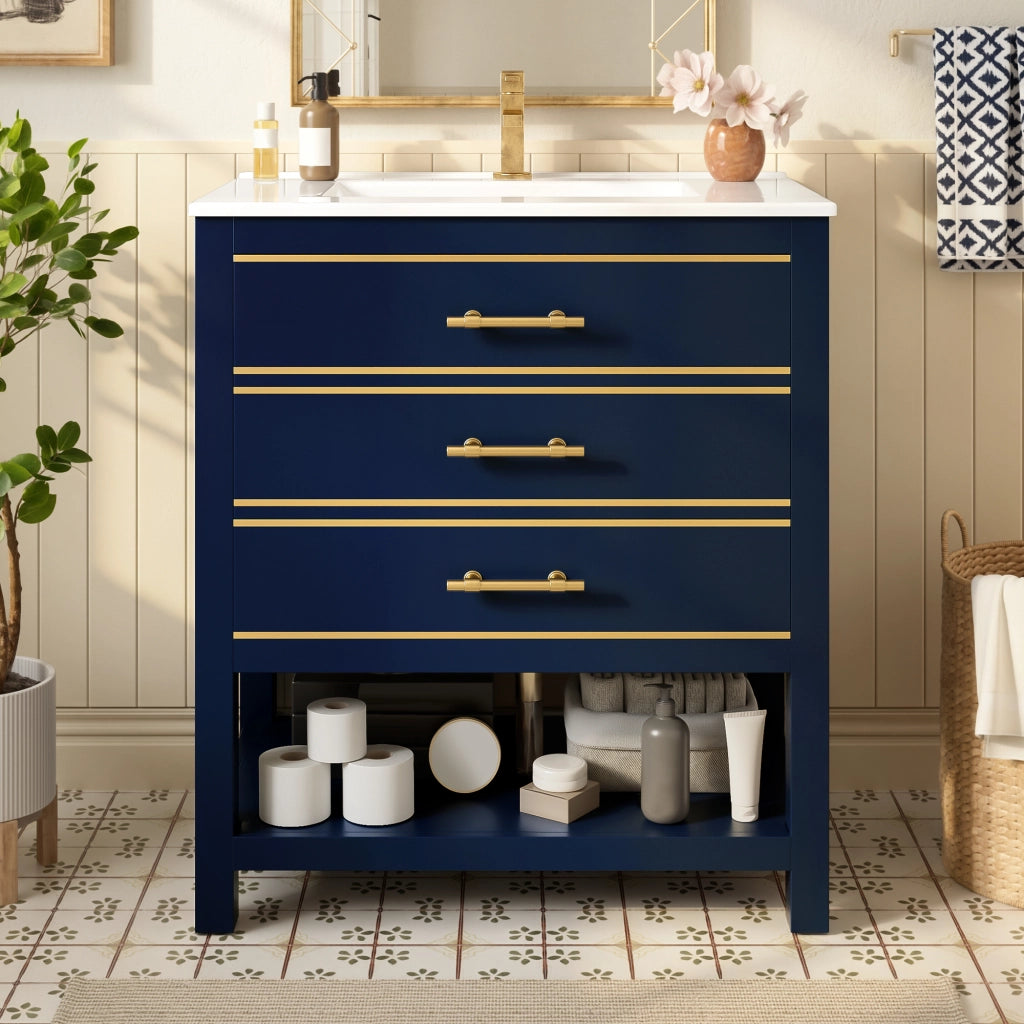 Mobile Bagno Sottolavabo con Lavabo in Ceramica ¨C MINIMAL ¨C 2 Cassetti, MDF Laccato, Maniglie Dorate