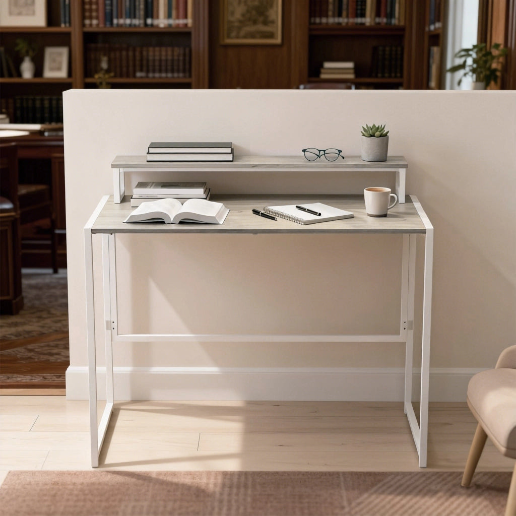 Scrivania Pieghevole Salvaspazio 100x48x87,5 cm con Stand per Monitor Rimovibile in Accaio Bianco e Legno