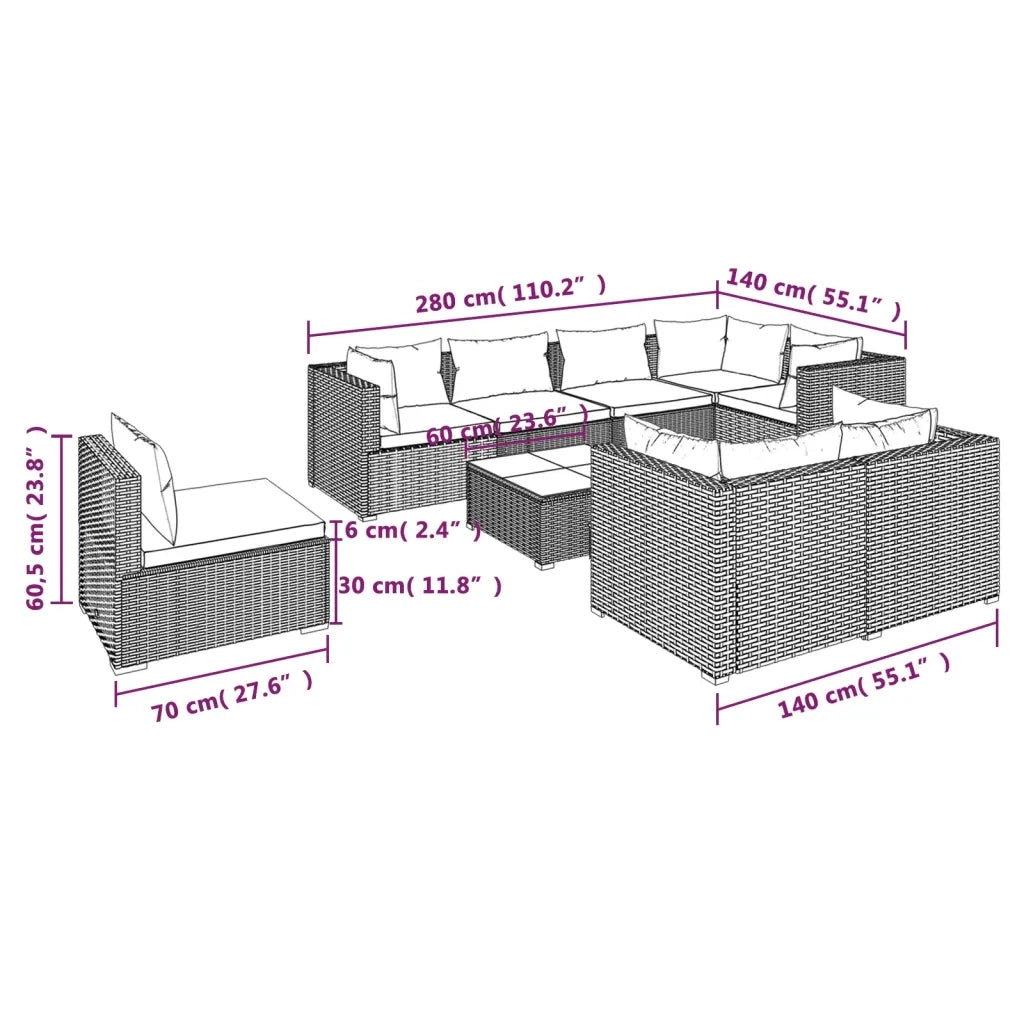 Set Divani da Giardino 9 pz con Cuscini in Polyrattan Nero 3102617